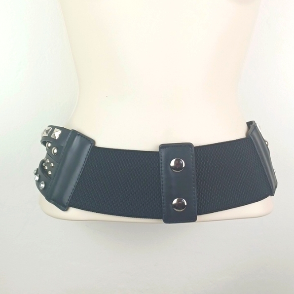 Edgy Strappy Silver Studded Black Faux Leather Rhinestone Ante-Upper Belt - Picture 4 of 9